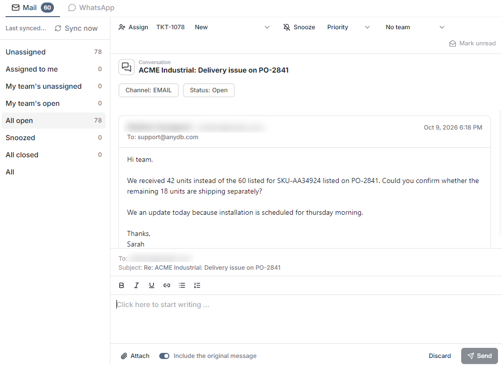 AnyDB shared inbox for managing business communications
