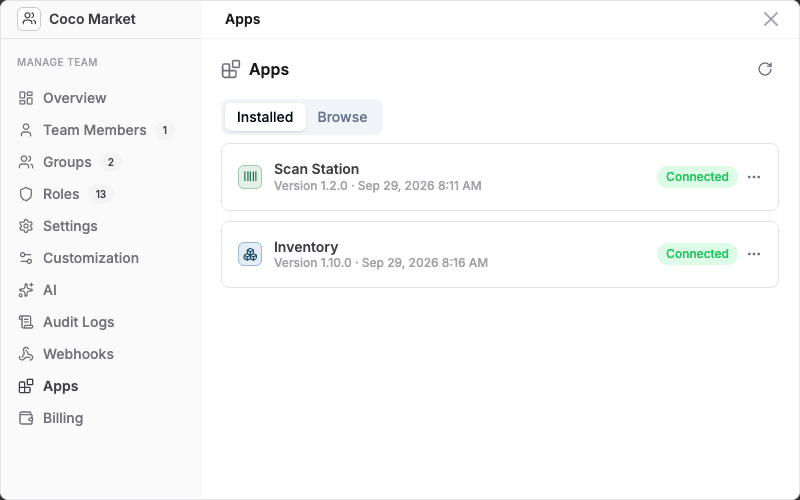 Manage Team, Apps page, Installed tab