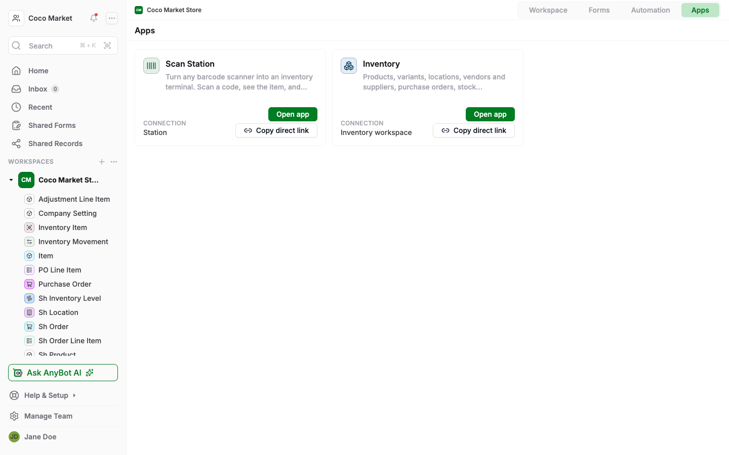 A workspace's Apps tab with Inventory and Scan Station