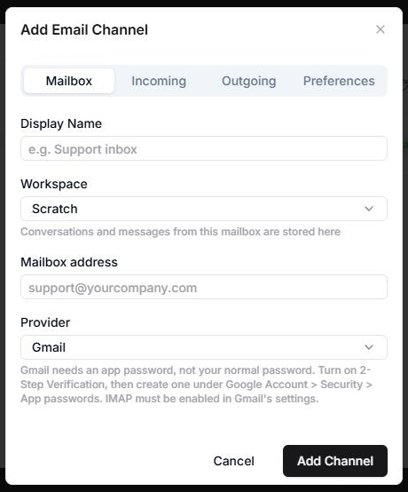 AnyDB Add Email Channel form, Mailbox tab, with Display Name, Workspace, Mailbox address and Provider