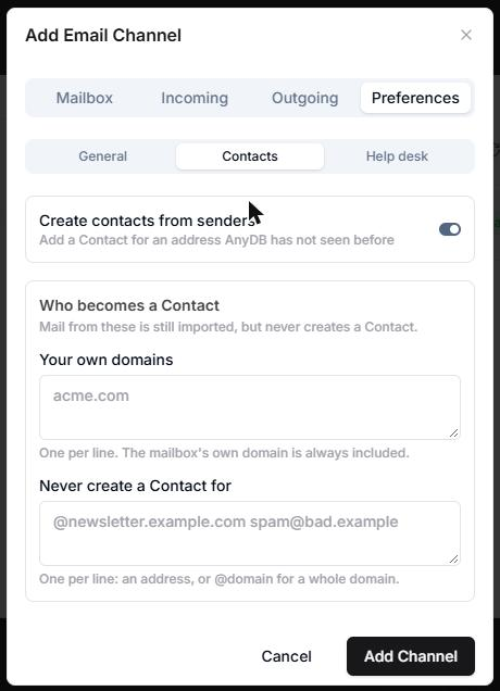 AnyDB Add Email Channel form, Preferences tab, Contacts group, with the sender, own domains and blocklist settings
