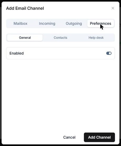 AnyDB Add Email Channel form, Preferences tab, General group, with the Enabled switch