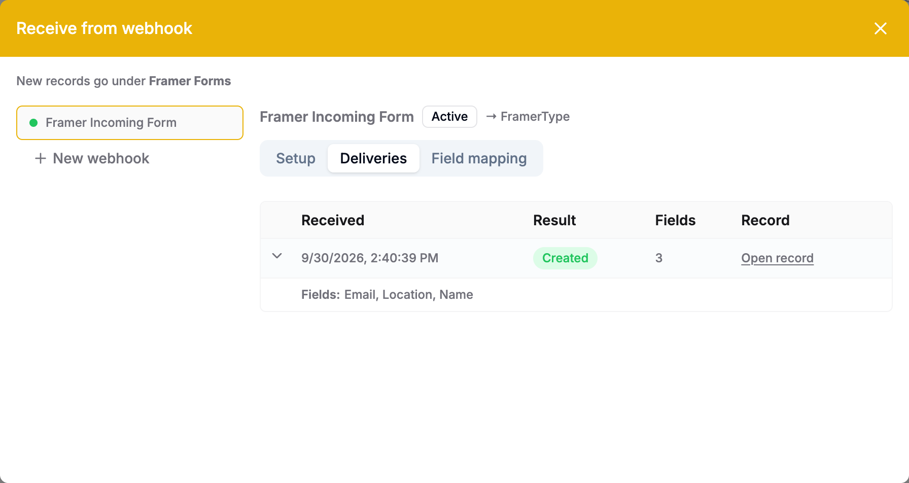 Deliveries tab showing a created submission and its field names
