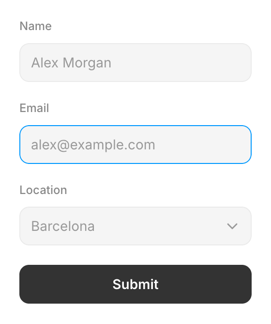 Published Framer form with example Name, Email, and Location values