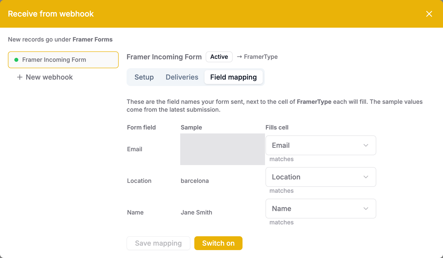 Field mapping with Email, Location, and Name matched automatically