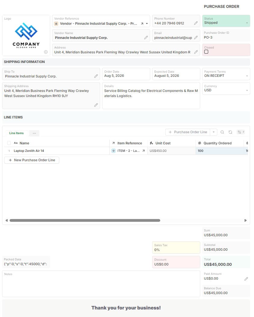 Purchase Order template preview