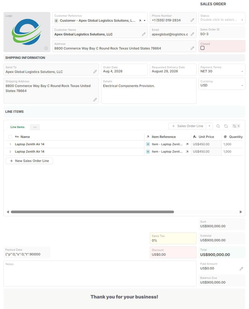 Sales Order template preview