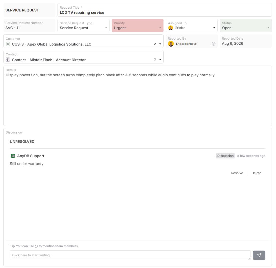 Service Request template preview