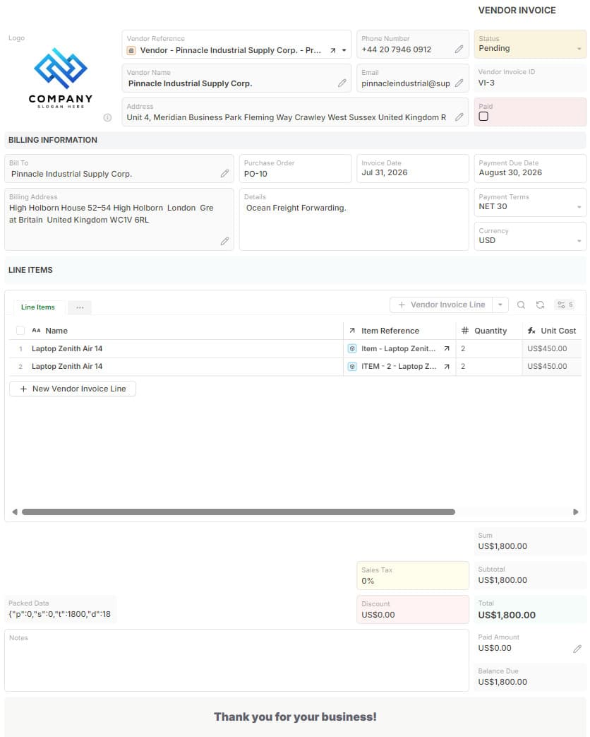 Vendor Invoice template preview